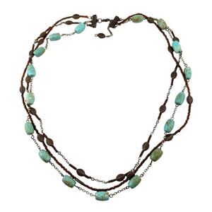 Faux Turquoise Layered Look Triple Strand Beaded Bronze Tone 21” Necklace